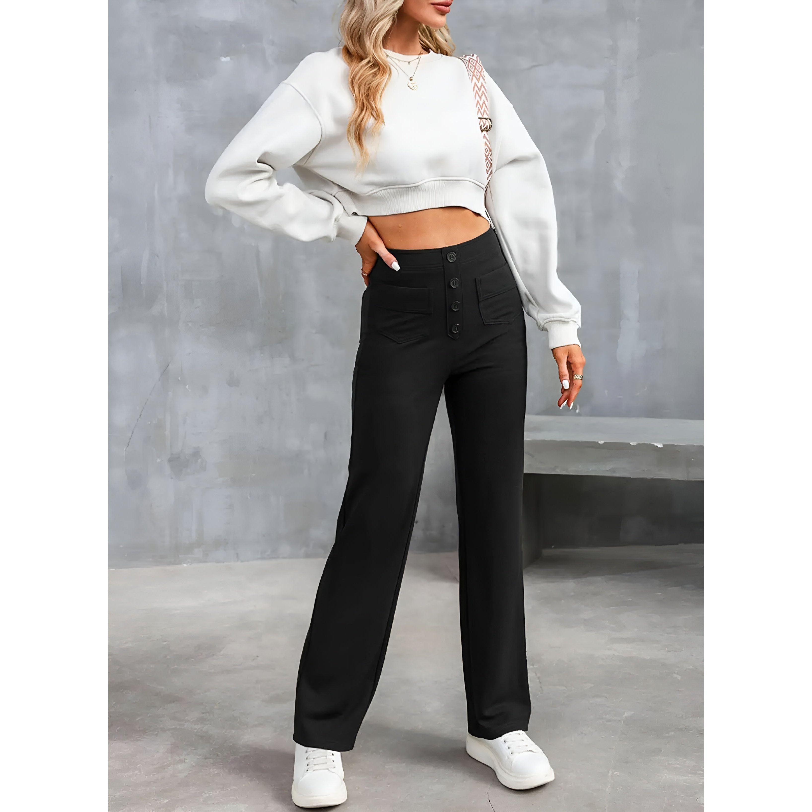 Greta Pants - High Waist Elastische Hose mit weitem Bein Eleganz - Elegare