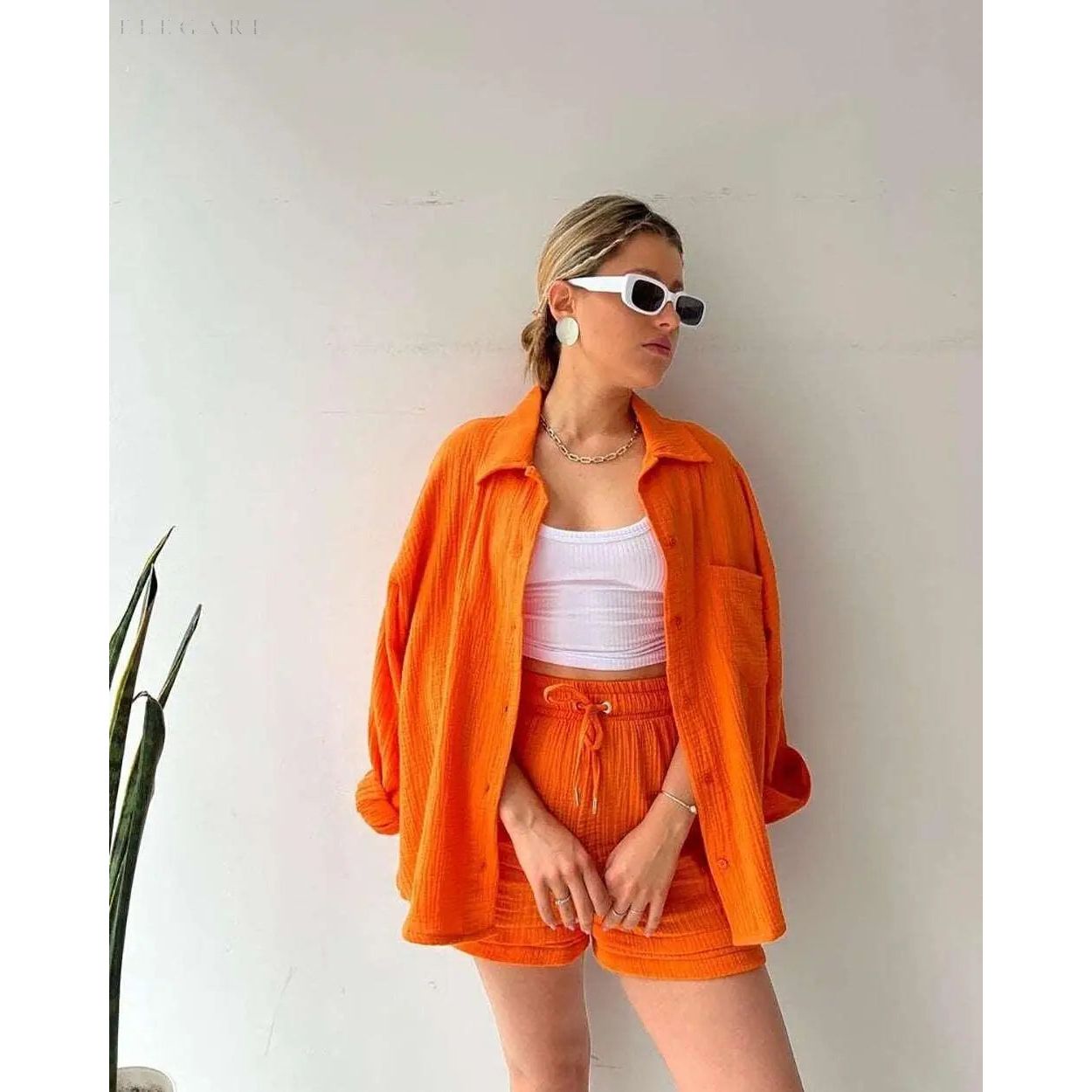 Elena Matching Set - Lässiges zweiteiliges Set aus Shorts und Hemd mit Revers - Elegare - DEA049 -  Orange-2XL 