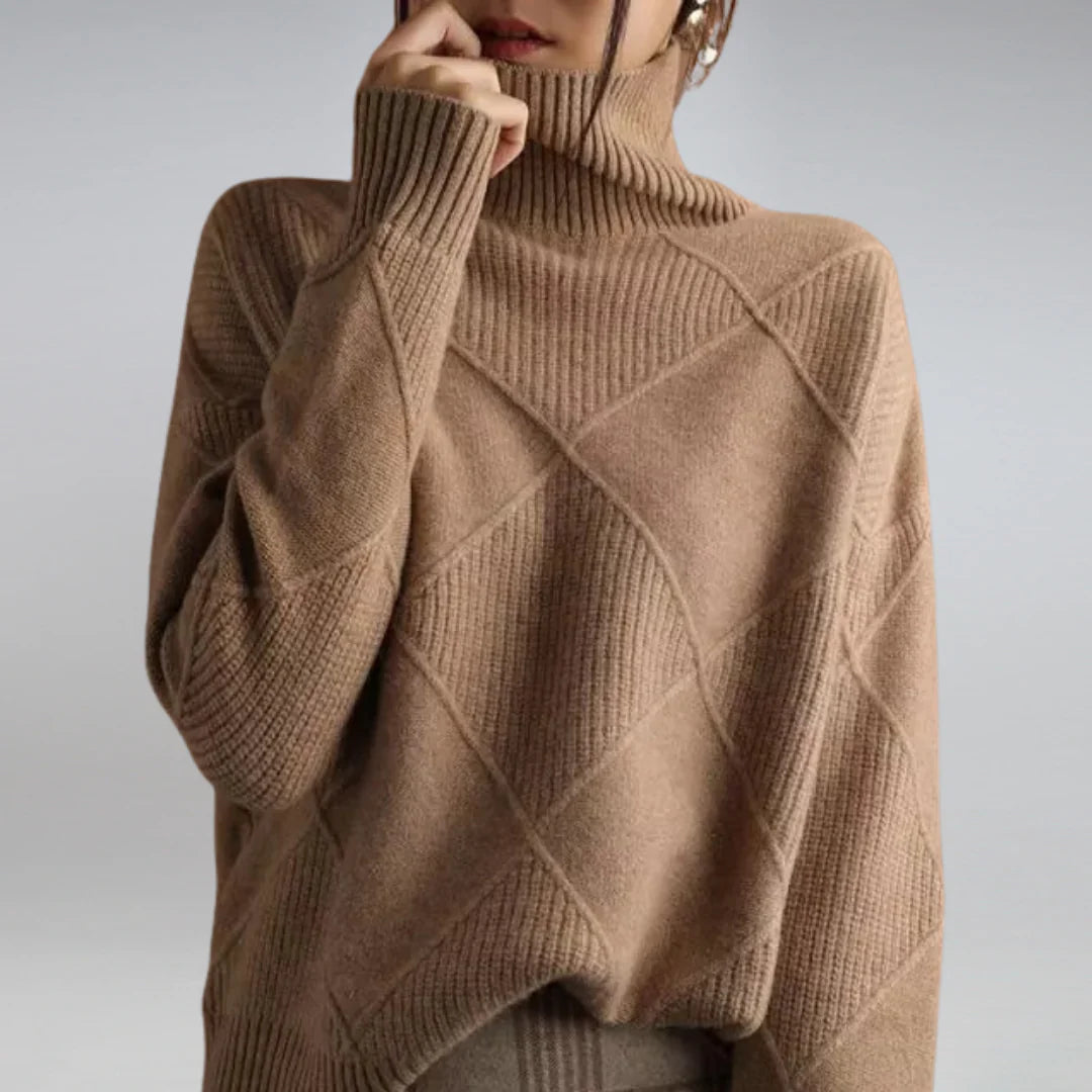 Detailansicht Argyle-Muster und Rollkragen des Damenpullovers