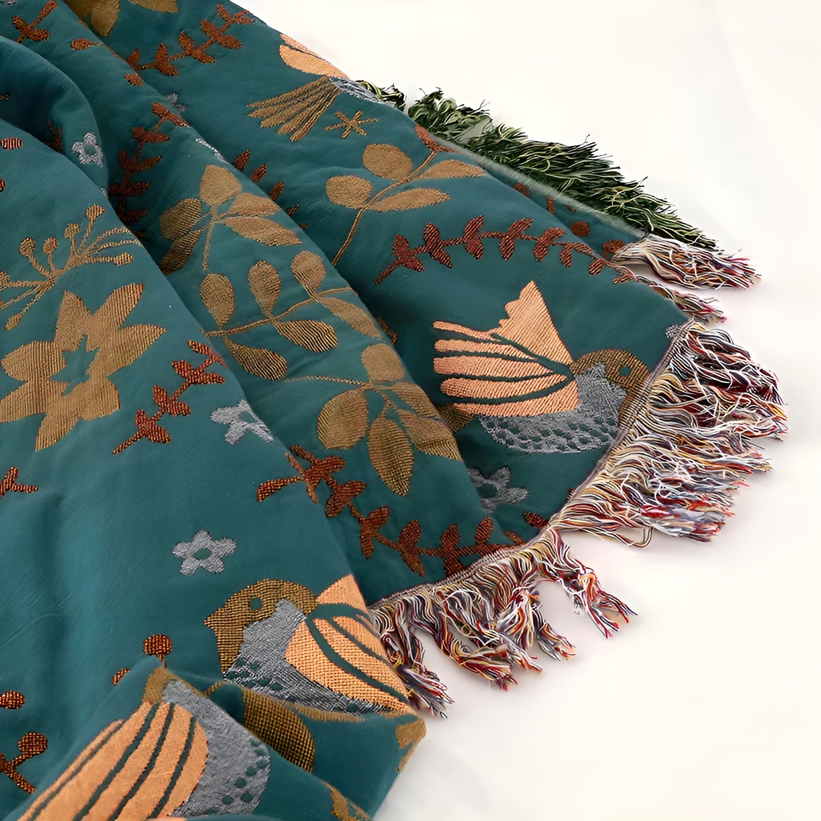 Boho-Decke – Wende-Decke aus Baumwolle mit Stickerei | Vögel- und Blumenmuster