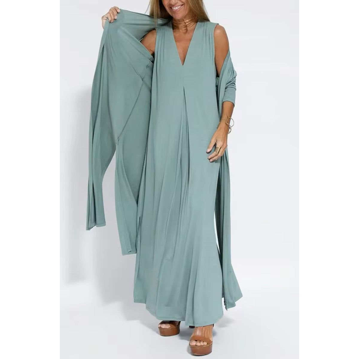 Sonja Dress - Langärmeliges V-Ausschnitt Kleid mit Cardigan Elegare