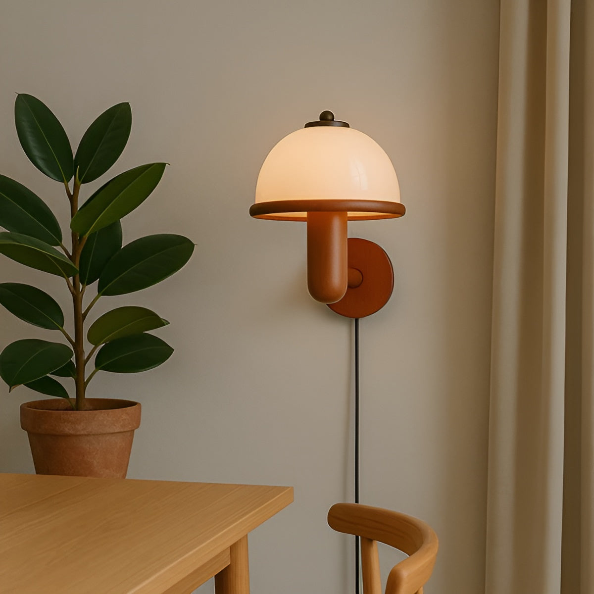 Pilzförmige Wandleuchte – Stilvolles Design mit Eichenholz-Basis | Perfekt für Wohn- & Schlafzimmer