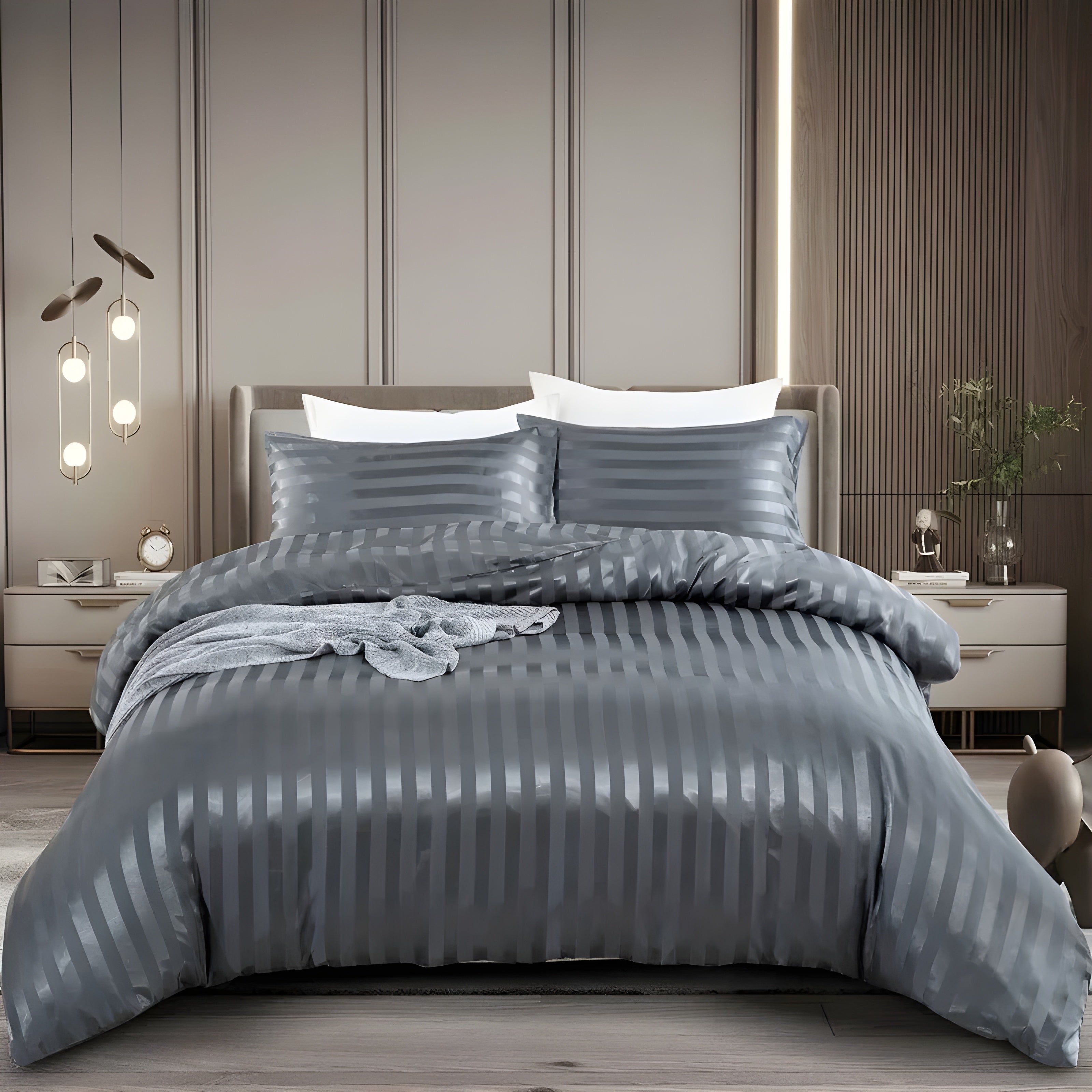 LuxSleep Bettwäscheset - 3-teiliges luxuriöses gestreiftes Bettwäscheset [Bettwäsche mit Reißverschluss, Kopfkissenbezüge]