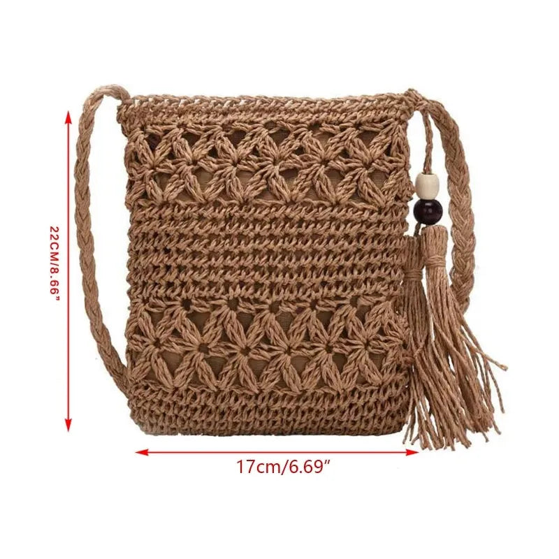 Angelina Bag - Modische gewebte Boho-Häkel-Tasche mit Quaste Elegare