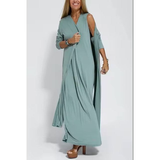 Sonja Dress - Langärmeliges V-Ausschnitt Kleid mit Cardigan Elegare