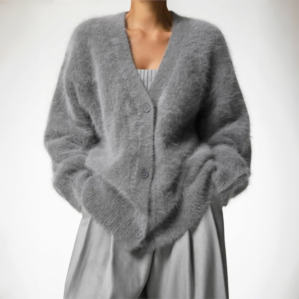 Dunkelgrauer Damen Cardigan – flauschige Herbststrickjacke mit Knopfleiste