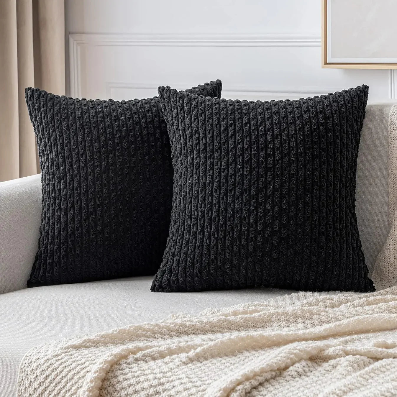 Geripptes Samt-Kissen – Weich & Gemütlich | Boho-Design für Sofa und Bett - Schwarz / 40x40cm - Kissen