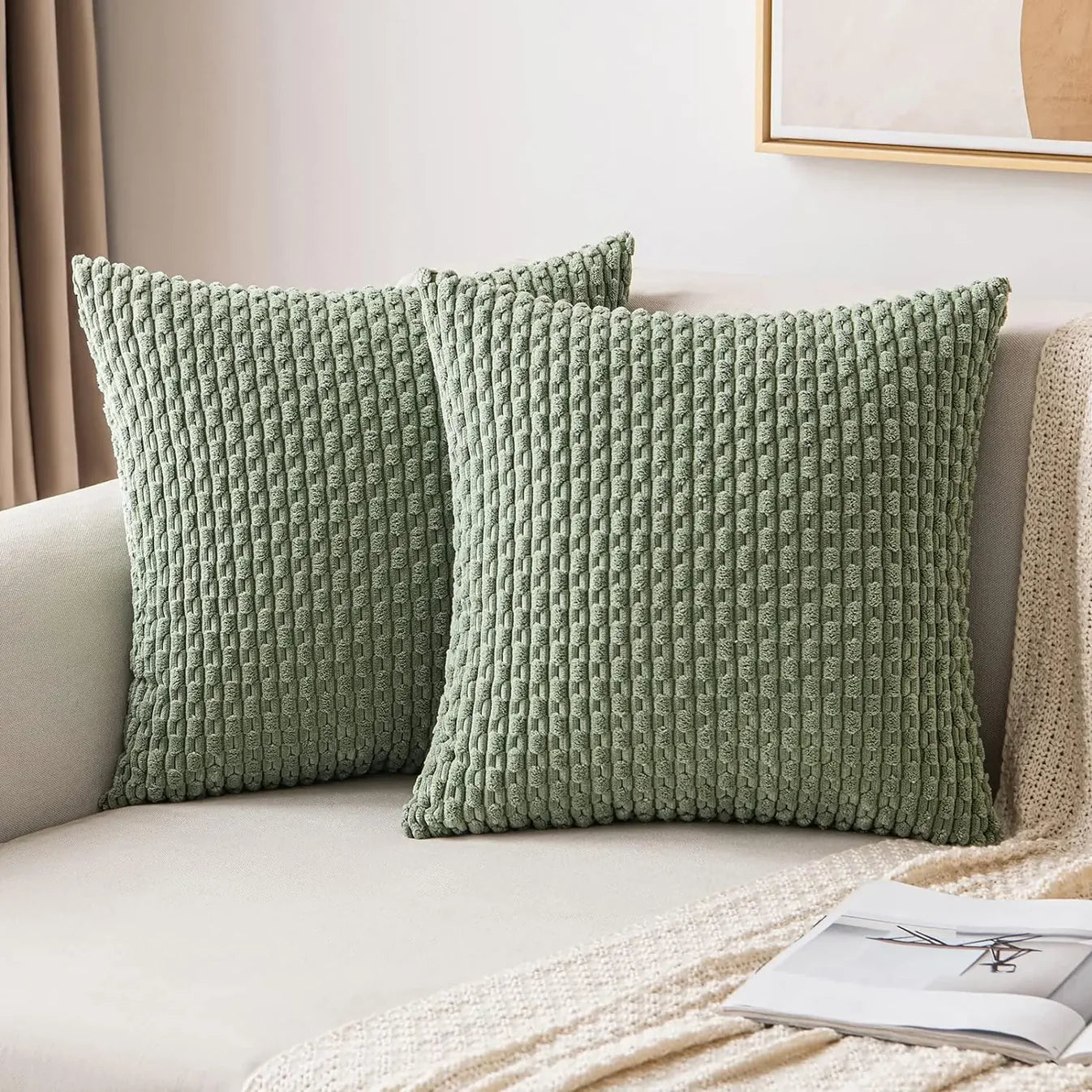 Geripptes Samt-Kissen – Weich & Gemütlich | Boho-Design für Sofa und Bett - Grün / 40x40cm - Kissen