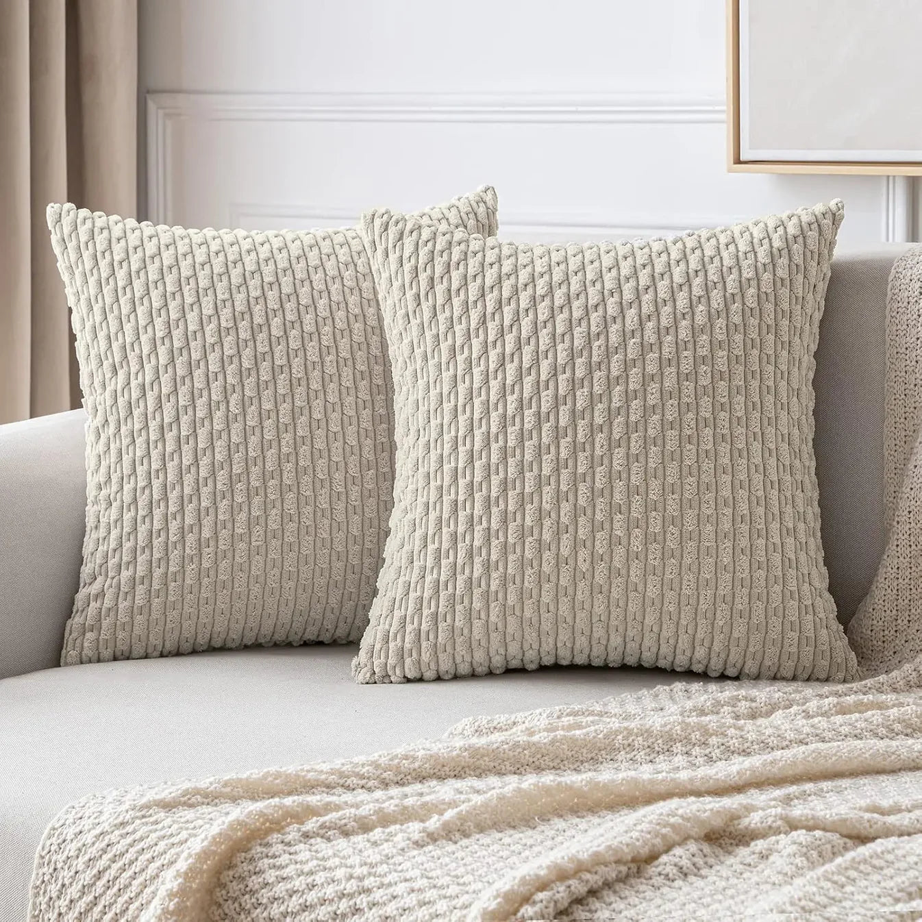 Geripptes Samt-Kissen – Weich & Gemütlich | Boho-Design für Sofa und Bett - Beige / 40x40cm - Kissen