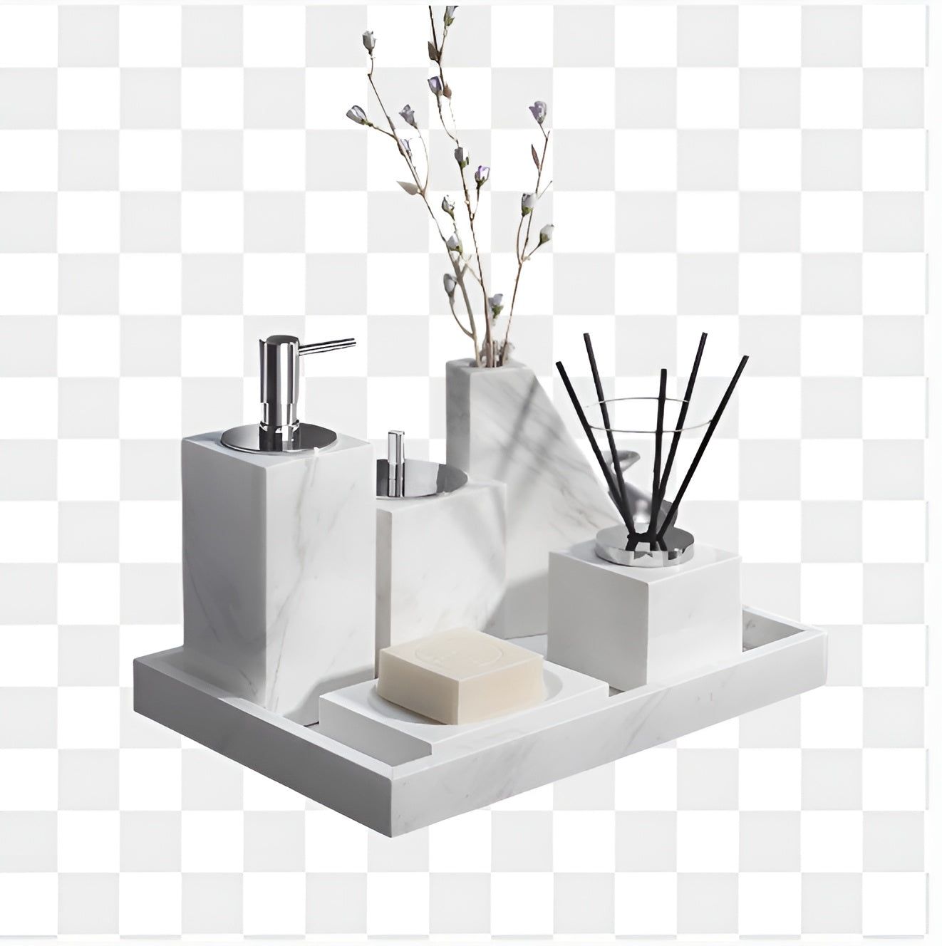 Badezimmer-Set aus Weißem Marmor – Seifenspender, Seifenschale, Toilettenbürste & Tablett | Elegante Bad-Accessoires