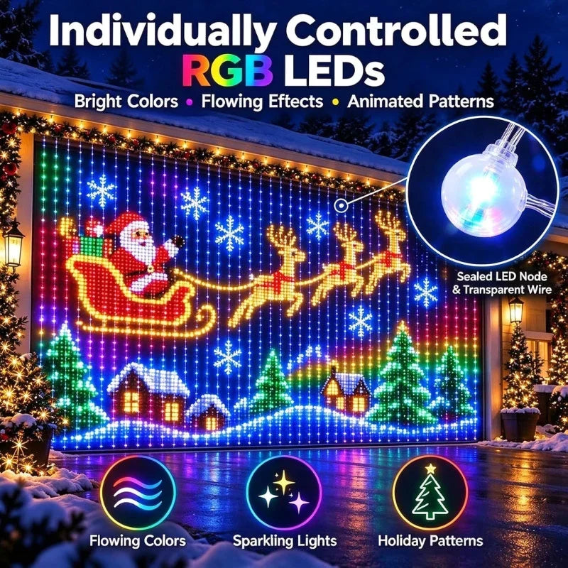 LED-Vorhang mit Weihnachtsszene und festlicher Beleuchtung