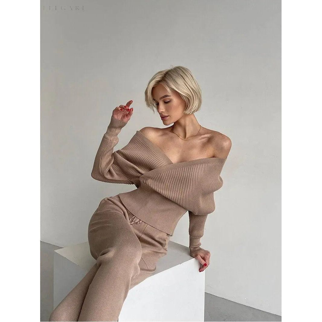 Solta - Off Shoulder Zweiteiliges Hausset - Elegare - DEA137 -  Khaki-One-size 