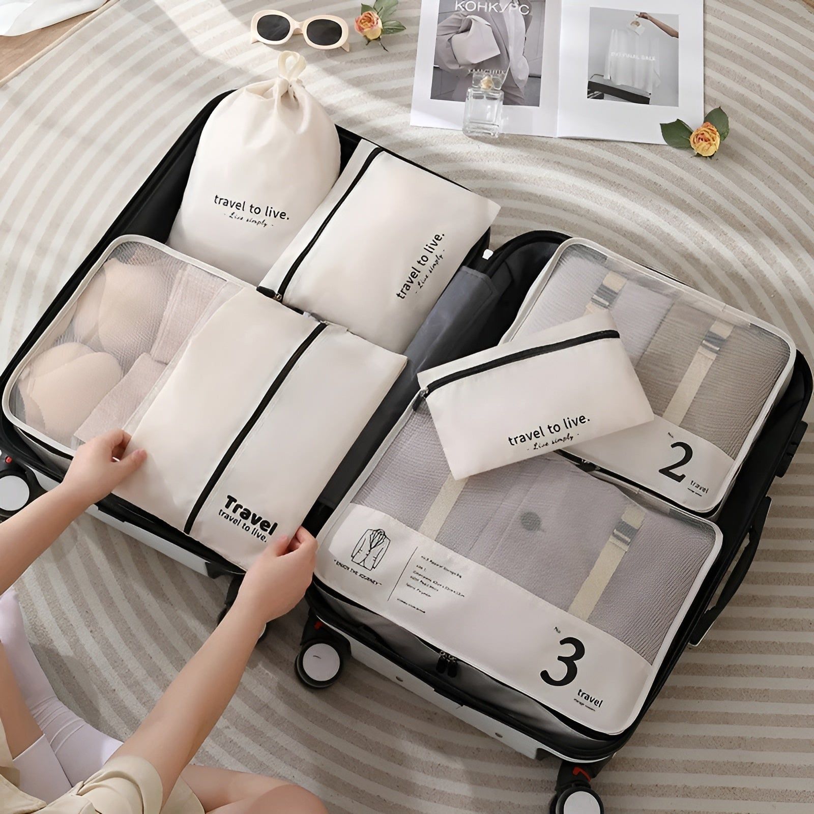 TravelSqueeze Set - Platzsparendes 7-teiliges Reise-Organizer-Set Elegare