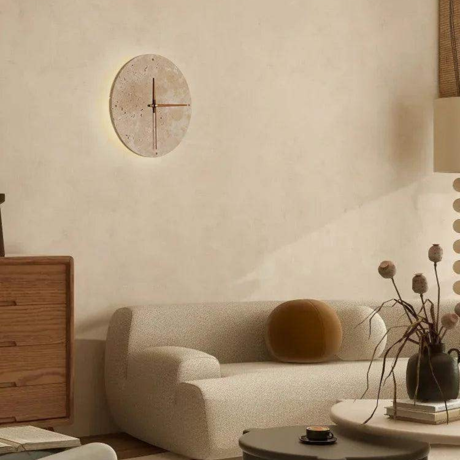 Travertin-Wanduhr mit LED-Licht – Minimalistisch & Dekorativ | Hochwertige Naturstein-Uhr