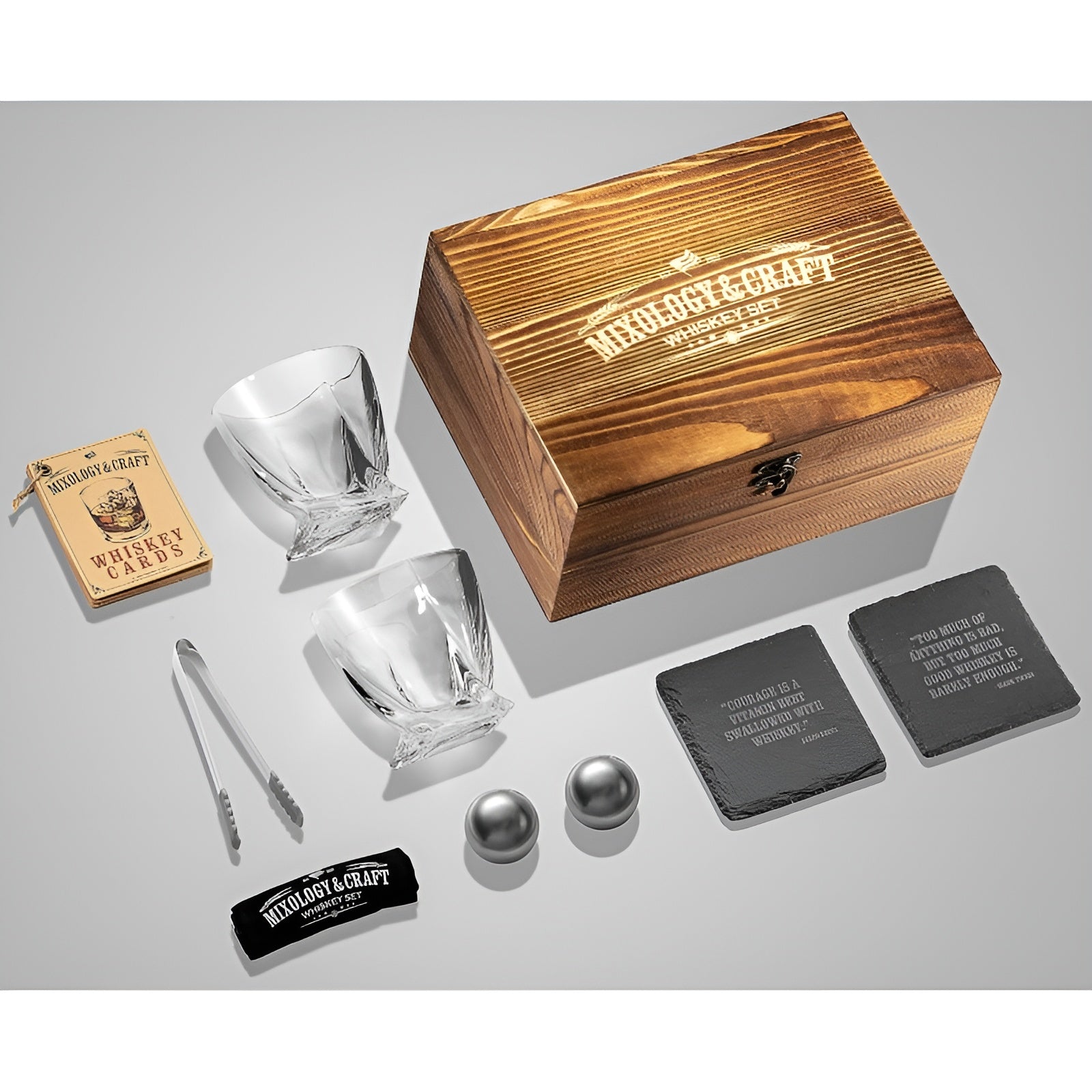 Whiskeyglas-Set mit Kühlsteinen –Mit Kühlsteinen & Kristallgläsern | Edles Geschenk mit Holzbox & Untersetzern