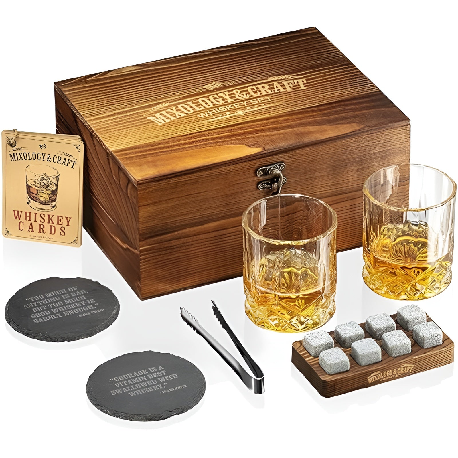 Whiskeyglas-Set mit Kühlsteinen –Mit Kühlsteinen & Kristallgläsern | Edles Geschenk mit Holzbox & Untersetzern