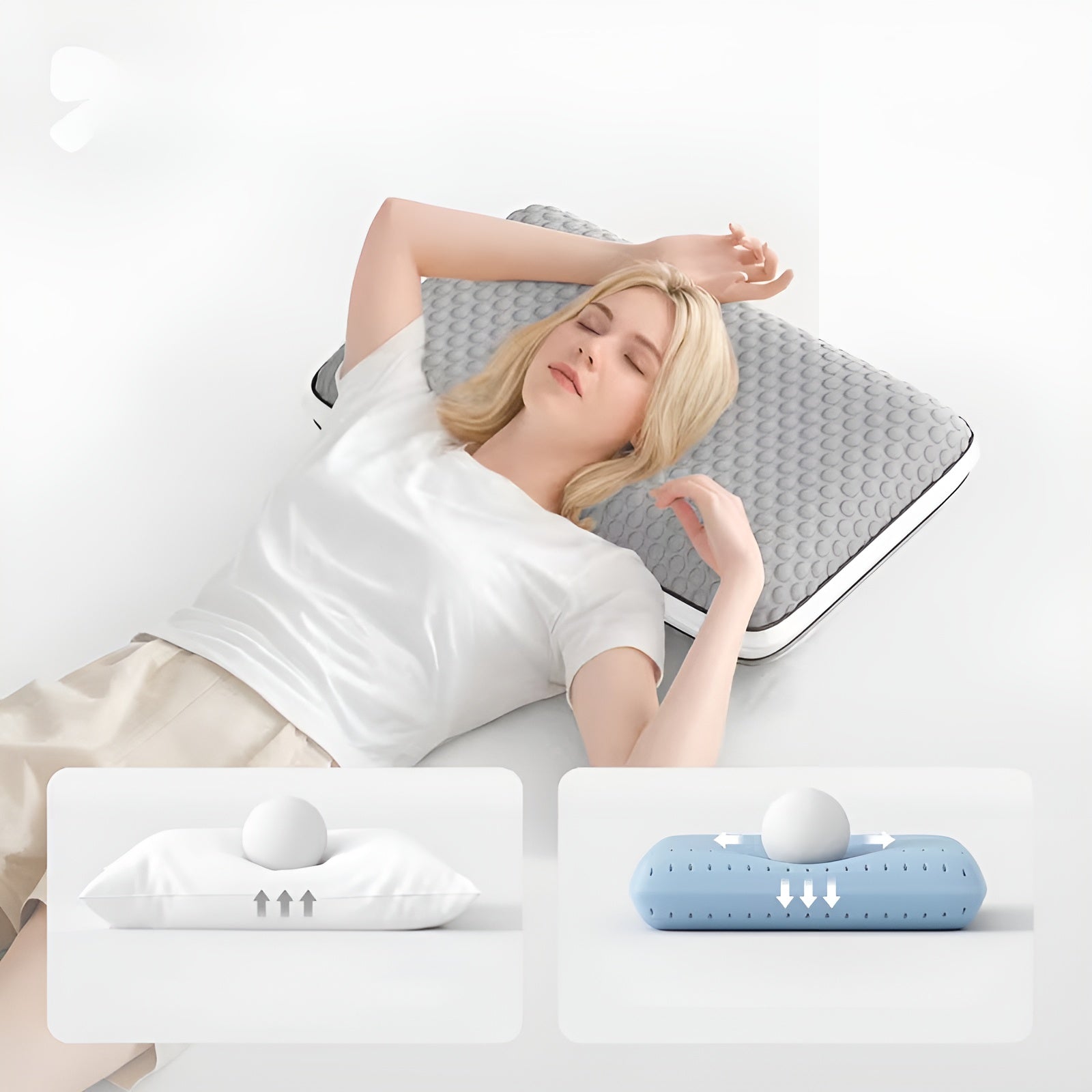 Ergonomisches Kissen mit Kühlfaser – Beidseitig & Atmungsaktiv | Ideal für Rücken- Seiten- und Bauchschläfer - Grau