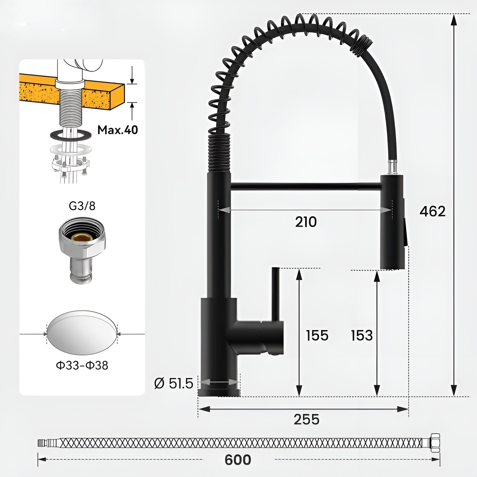 Küchenarmatur mit Feder – Hochdruck Spültischarmatur in Schwarz | Edelstahl mit Brause, 360° schwenkbar, 2 Strahlarten