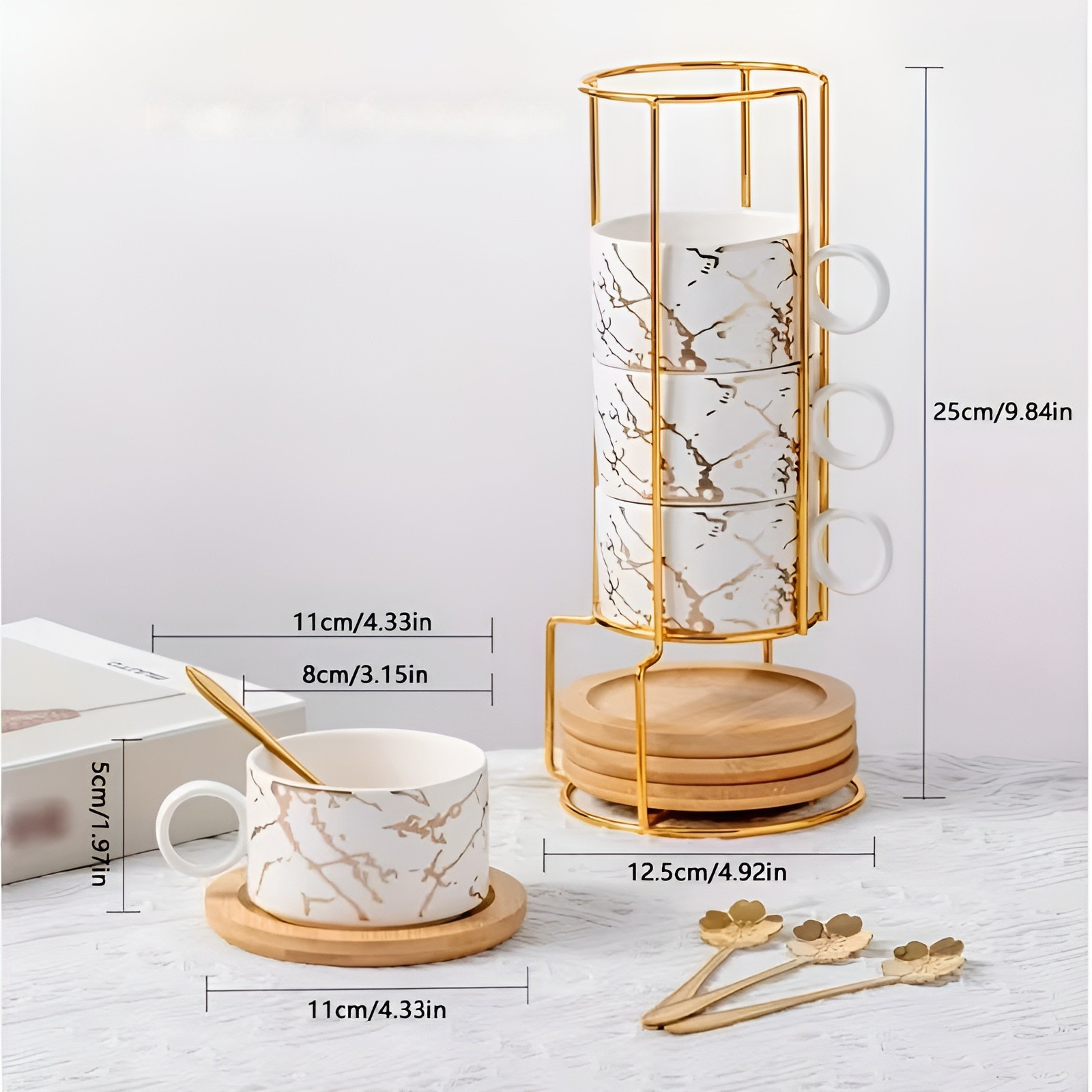 Keramik-Kaffeetassen Set (4-teilig) – Stapelbar mit Marmordesign | Mit Holzuntersetzer & Goldständer - Kaffeetasse