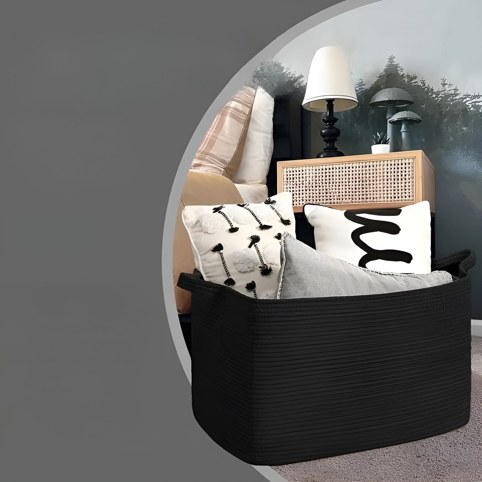 Großer Geflochtener Aufbewahrungskorb – Stabil & Stilvoll | Mit Seilgriffen, Perfekt für Wohnzimmer, Wäsche & Regale (Schwarz)