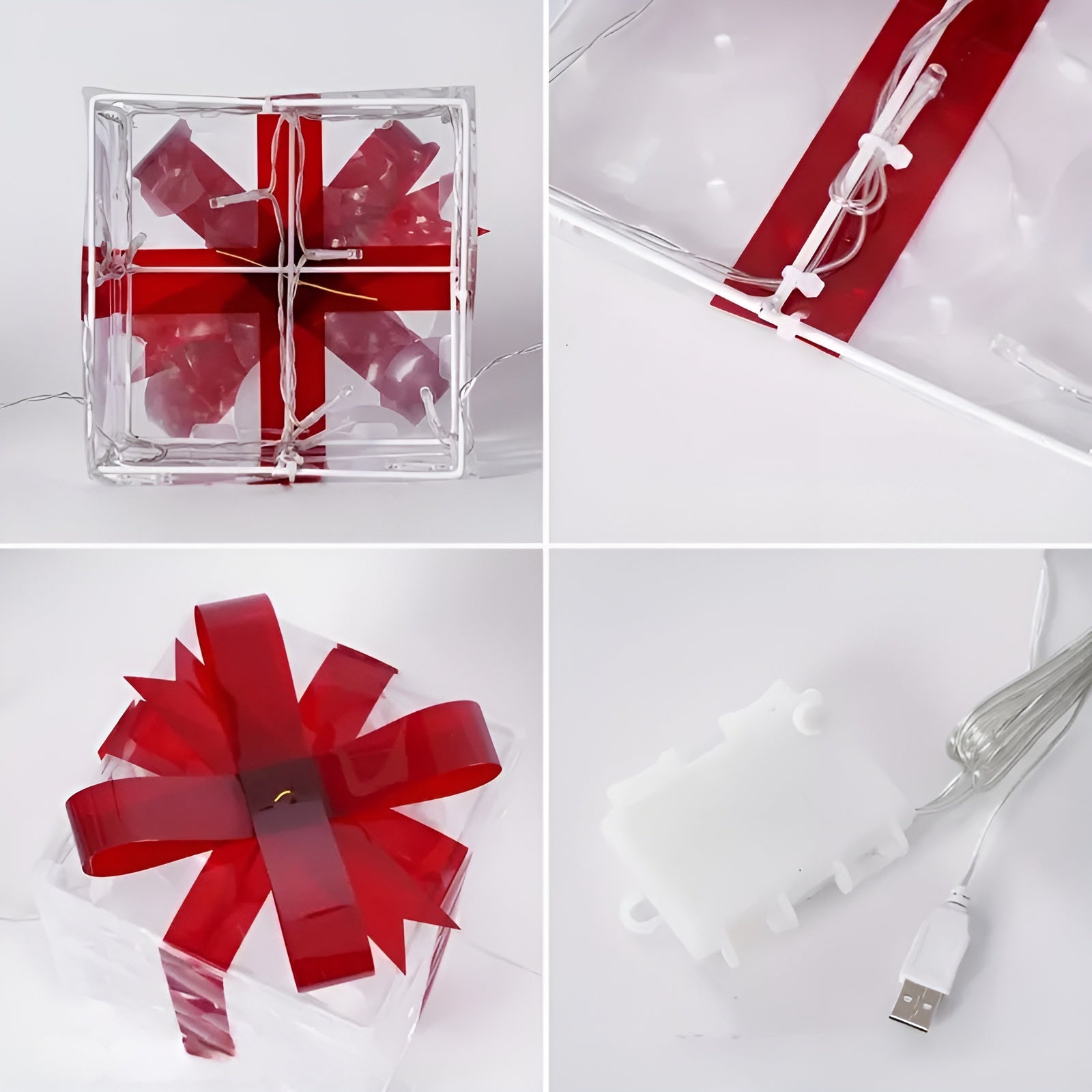 Leuchtende Geschenkboxen Set (3-teilig) – Weihnachtsdekoration mit Warmweißem Licht | Transparent mit Roten Schleifen für Zuhause