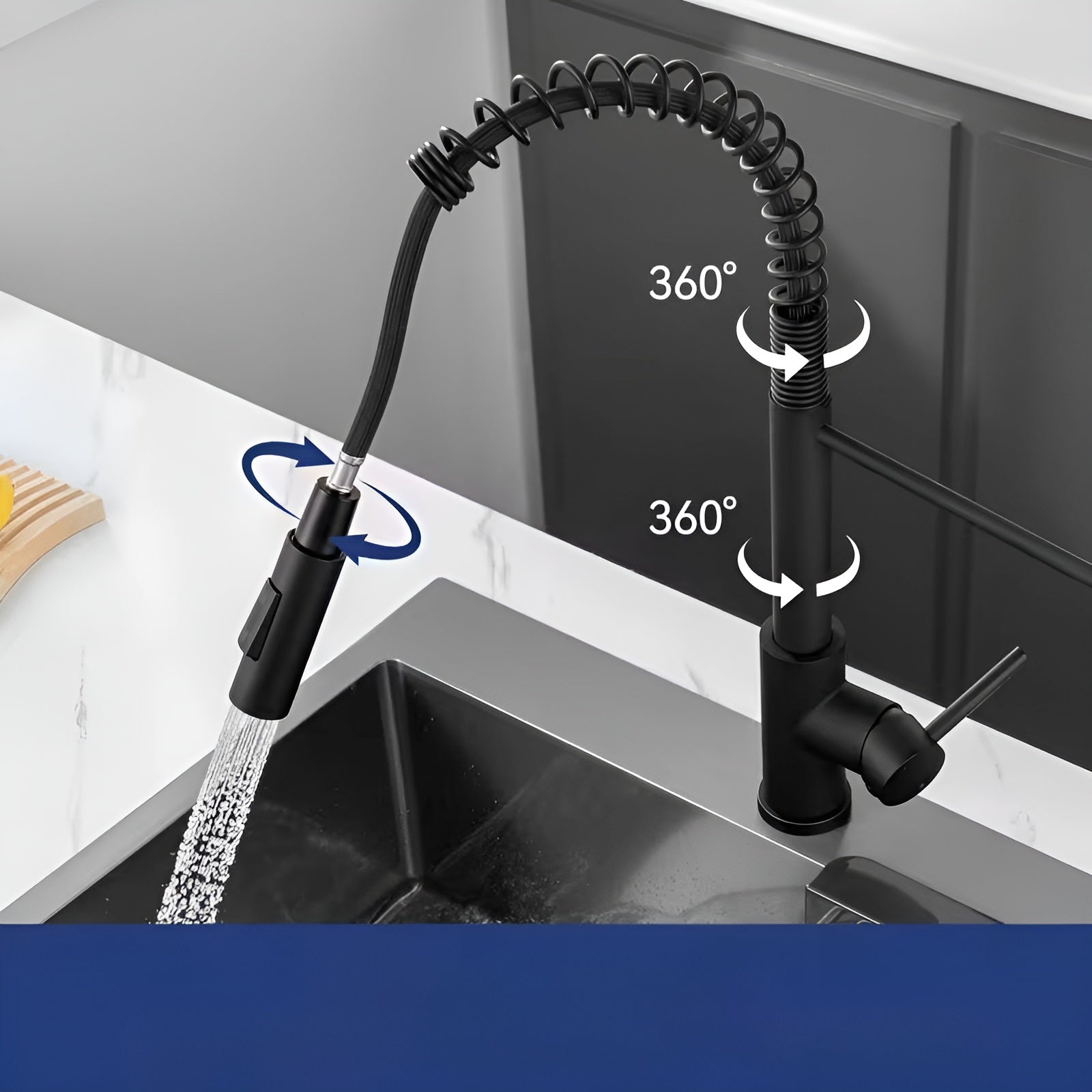 Küchenarmatur mit Feder – Hochdruck Spültischarmatur in Schwarz | Edelstahl mit Brause, 360° schwenkbar, 2 Strahlarten
