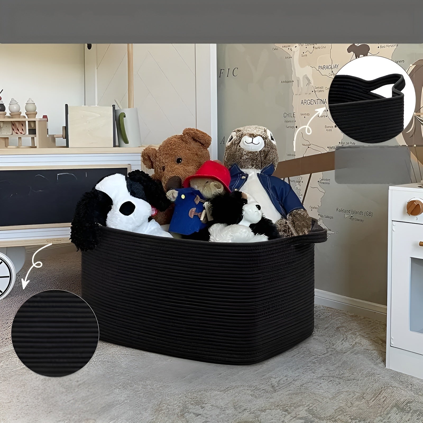 Großer Geflochtener Aufbewahrungskorb – Stabil & Stilvoll | Mit Seilgriffen, Perfekt für Wohnzimmer, Wäsche & Regale (Schwarz)