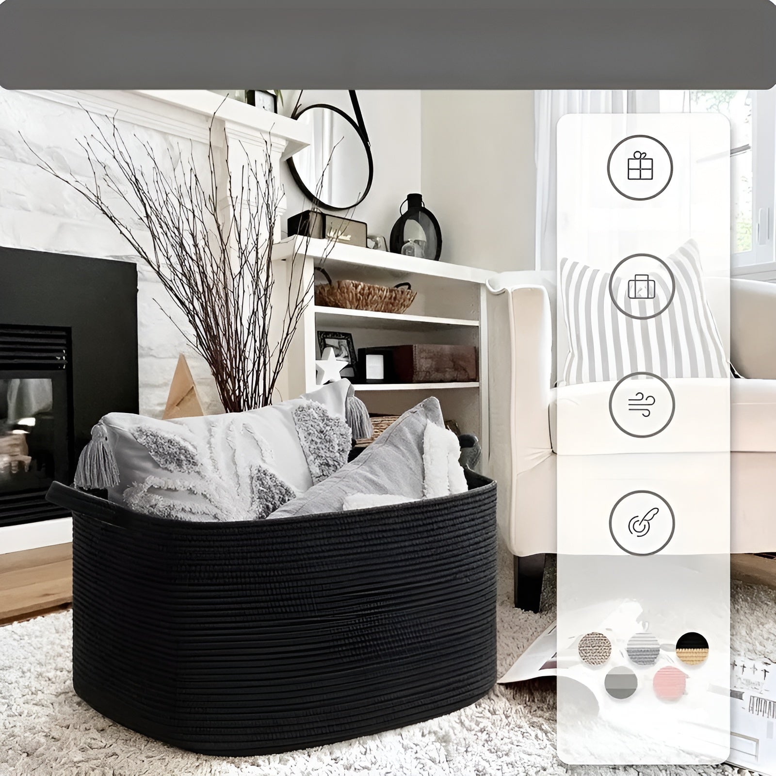 Großer Geflochtener Aufbewahrungskorb – Stabil & Stilvoll | Mit Seilgriffen, Perfekt für Wohnzimmer, Wäsche & Regale (Schwarz)