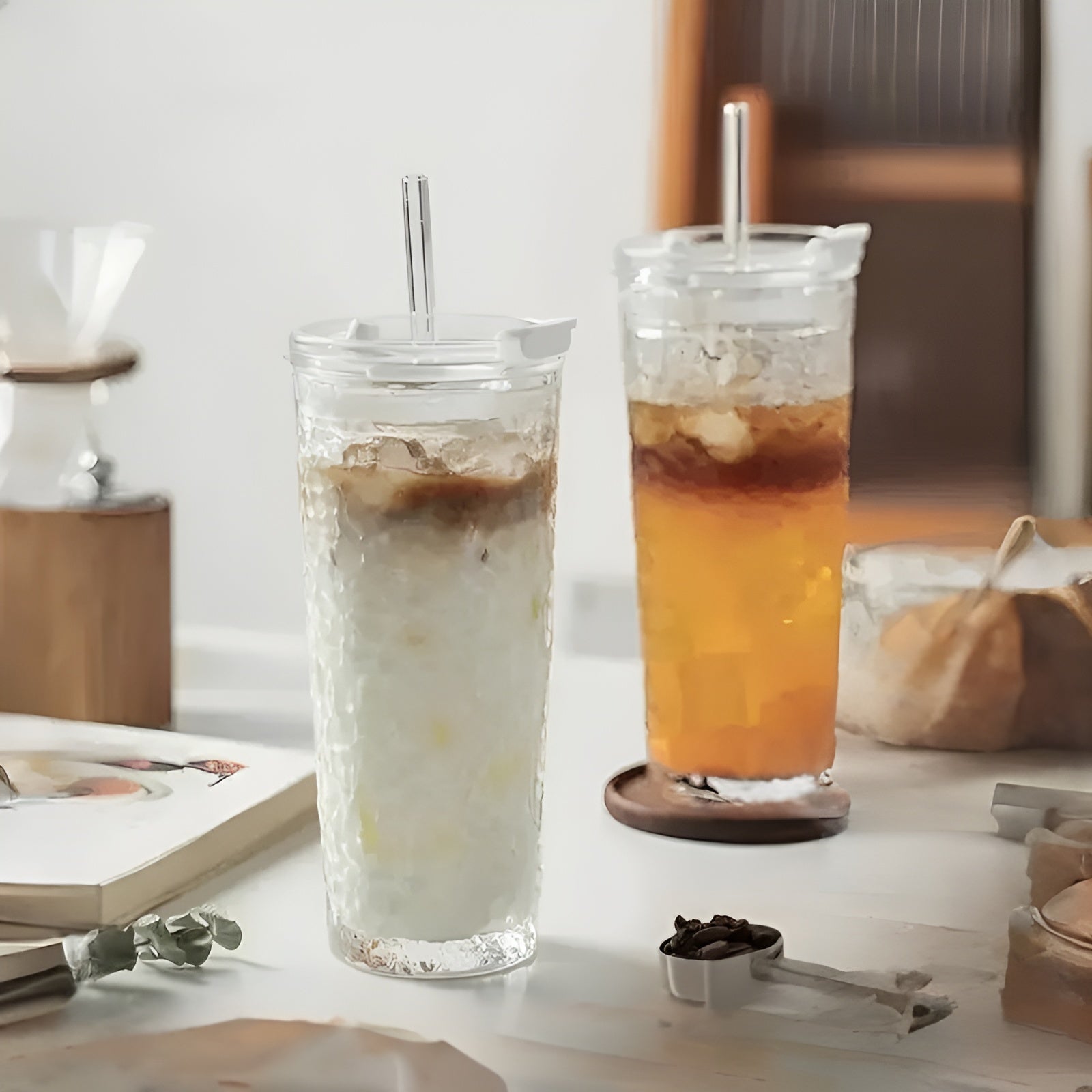 Trinkgläser mit Deckel & Strohhalm – Modernes 2er-Set aus Glas | Wiederverwendbar & Rutschfest, Ideal für Kaffee, Tee & Kaltgetränke