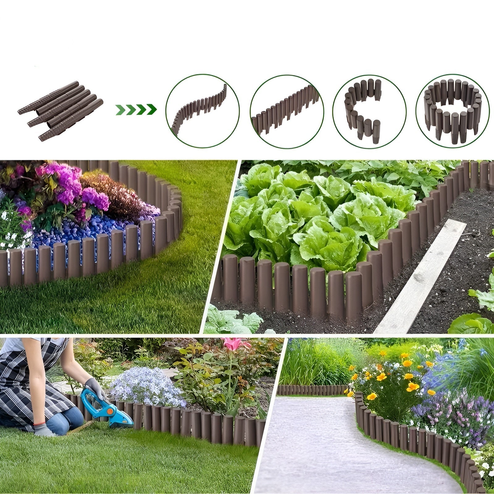 Beeteinfassung aus Kunststoff in Holzoptik – Flexibler Gartenzaun mit Erdspießen | Dekorative Rasenkante für Blumenbeete und Wege