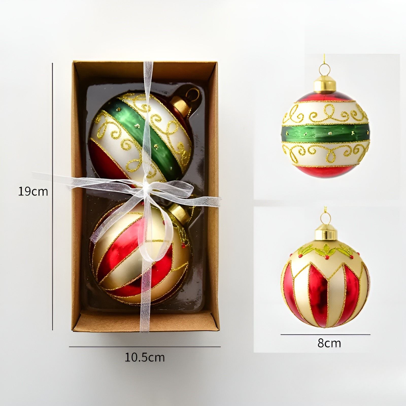 Glaskugeln für Weihnachtsbaum – Handbemalt & Luxuriös | 2er-Set Weihnachtsanhänger 8 cm