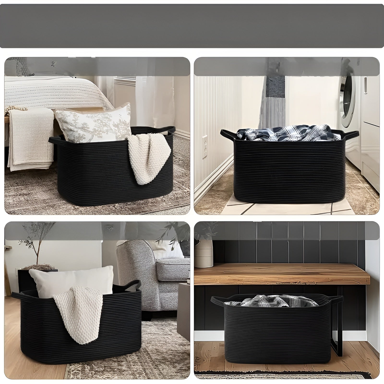 Großer Geflochtener Aufbewahrungskorb – Stabil & Stilvoll | Mit Seilgriffen, Perfekt für Wohnzimmer, Wäsche & Regale (Schwarz)