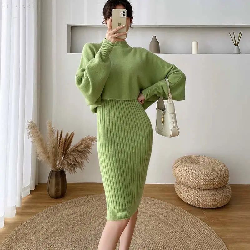 Kristin Set: Elegantes Strickkleid und Modernes Sweatshirt für Herbst/Winter - Elegare - DEA059 -  Light-Green-L 