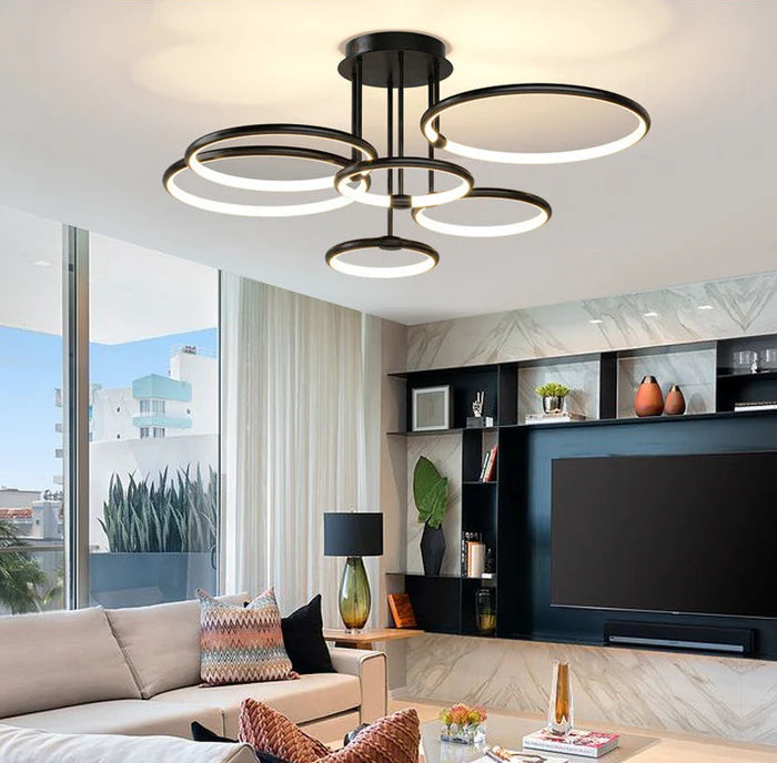 Goldener LED-Kronleuchter fürs Wohnzimmer – modernes geometrisches Design mit warmem Licht, Ansicht 1