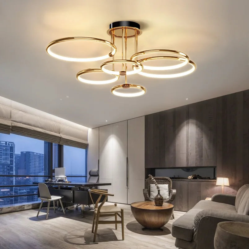 Goldener LED-Kronleuchter fürs Wohnzimmer – modernes geometrisches Design mit warmem Licht, Ansicht 3
