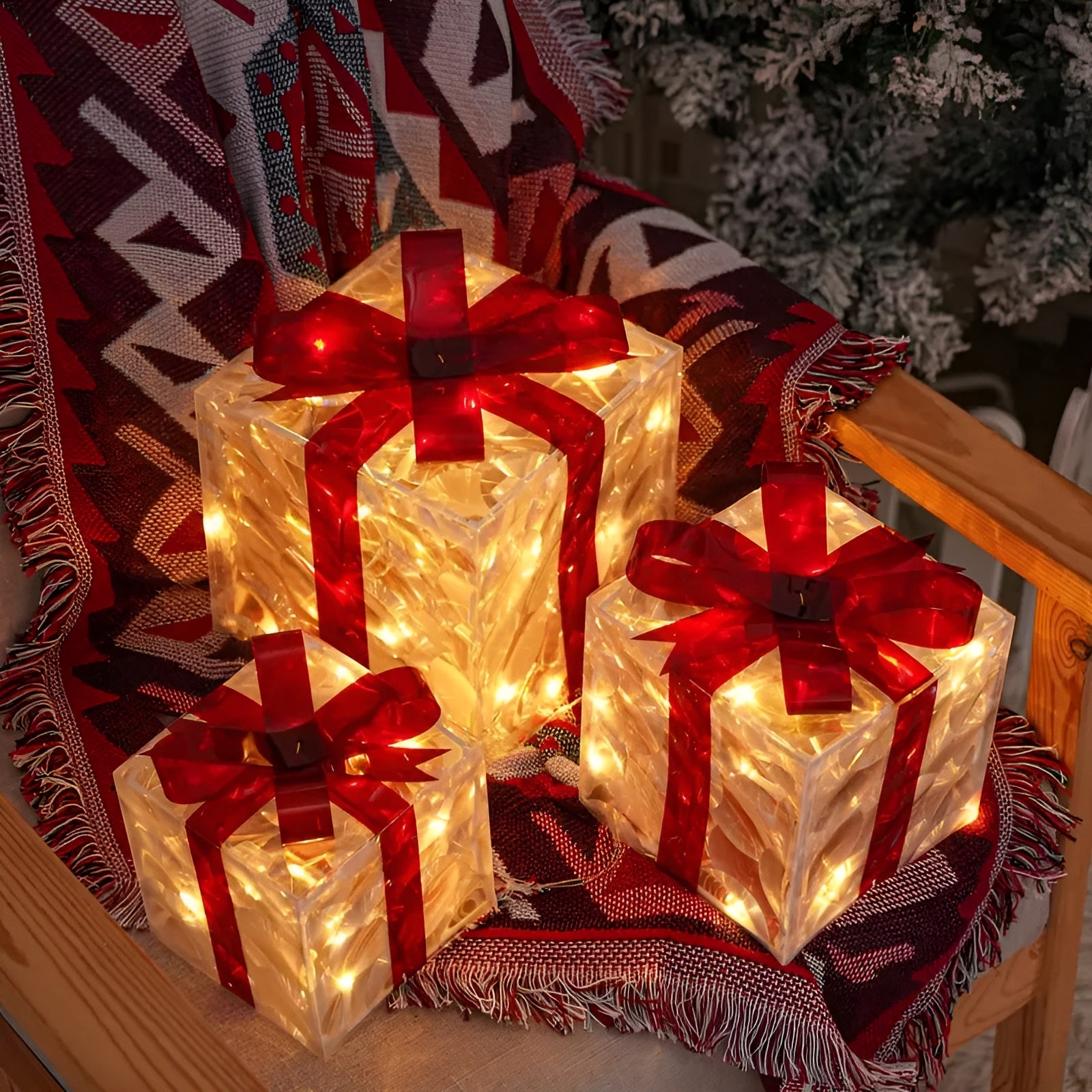 Leuchtende Geschenkboxen Set (3-teilig) – Weihnachtsdekoration mit Warmweißem Licht | Transparent mit Roten Schleifen für Zuhause