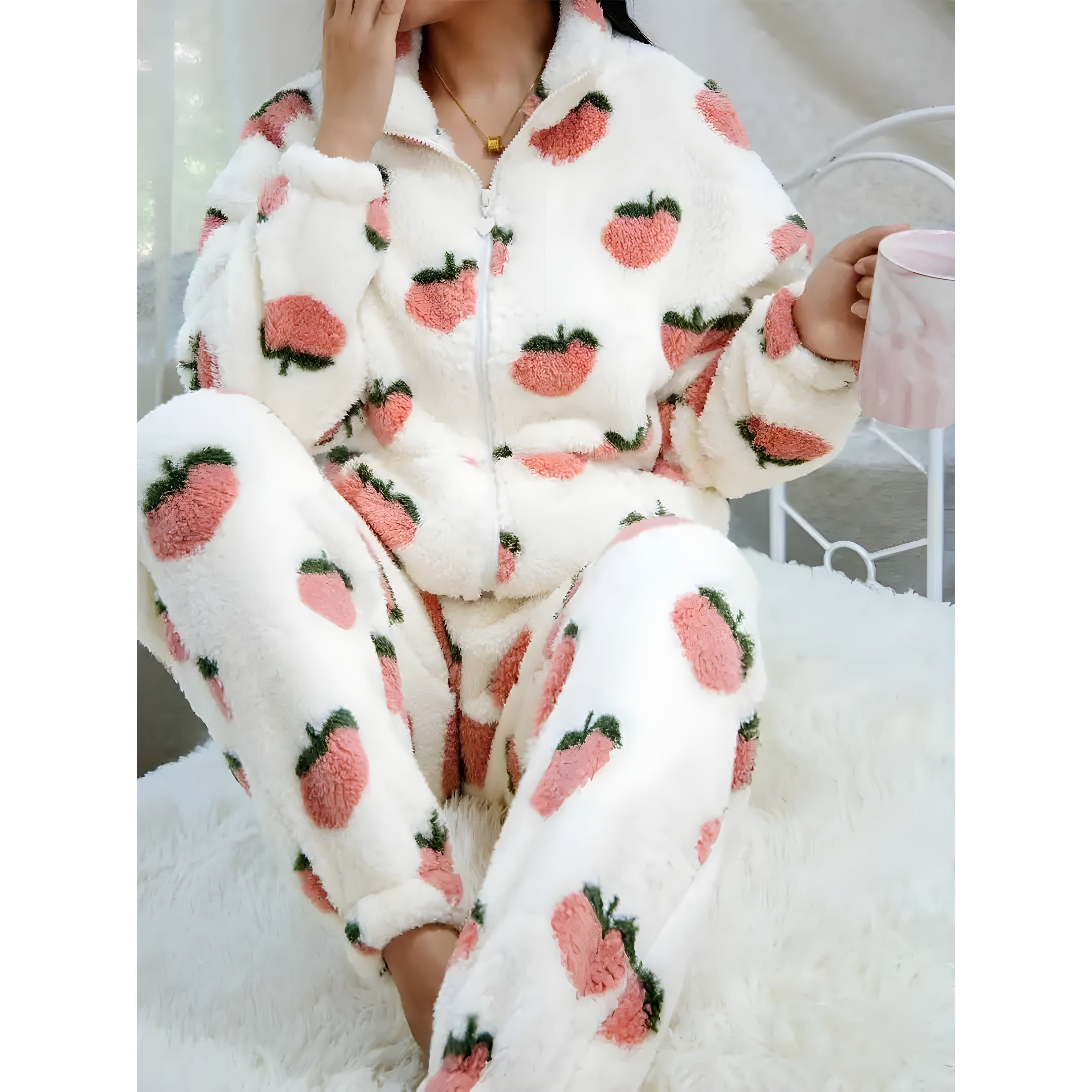 Phileine Set - Bequemes Fleece-Pyjama-Set mit Pfirsich-Print