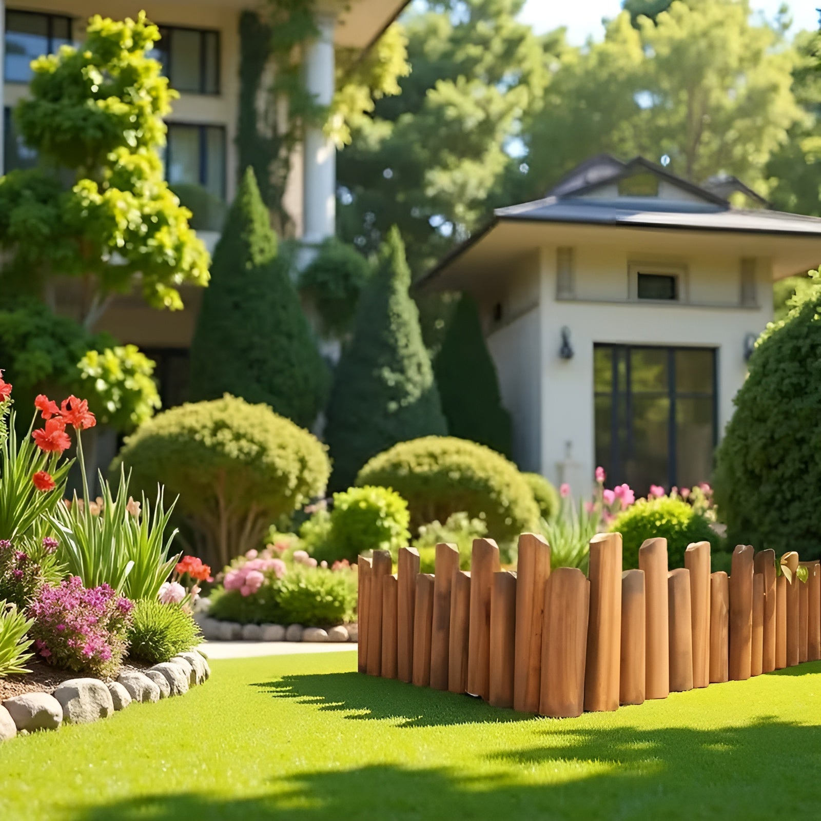 Flexible Holz Rasenkante – Dekorativer Gartenzaun mit Erdspießen | Für Beete, Wege und Rasenflächen