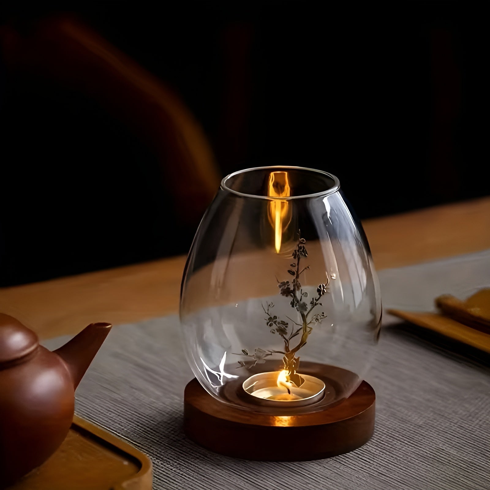 2er-Set Kerzenhalter aus Glas mit Holzsockel – Dekorativ im Retro-Zen-Stil | Perfekt für Wohnzimmer Tischdeko