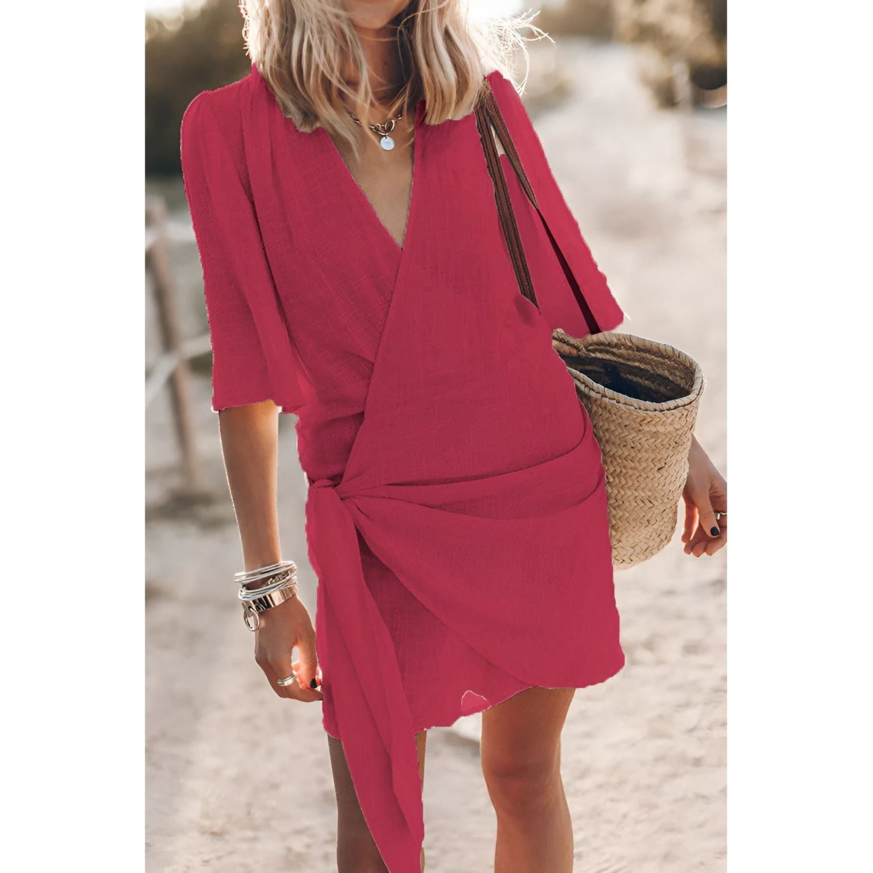 Adelia Chic Dress - Luxuriöses Baumwoll-Leinen Mini-Wickel-Sommerkleid - Rot / S - Sommerkleid