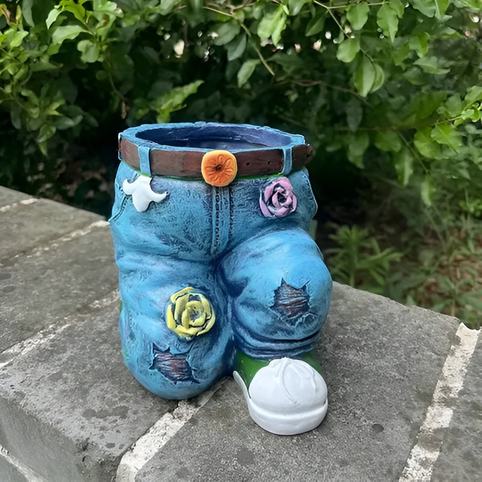 Ausgefallener Blumentopf aus Kunstharz – Denim-inspiriertes Design | Ein Blickfang für jeden Raum - Knie dich hin