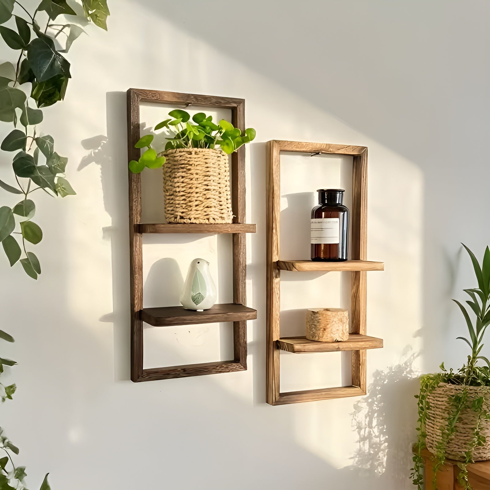 Holz-Wandregal für Blumentöpfe – Rustikales Design mit Doppellagiger Ablage | Dekorativ für Wohnzimmer & Balkon