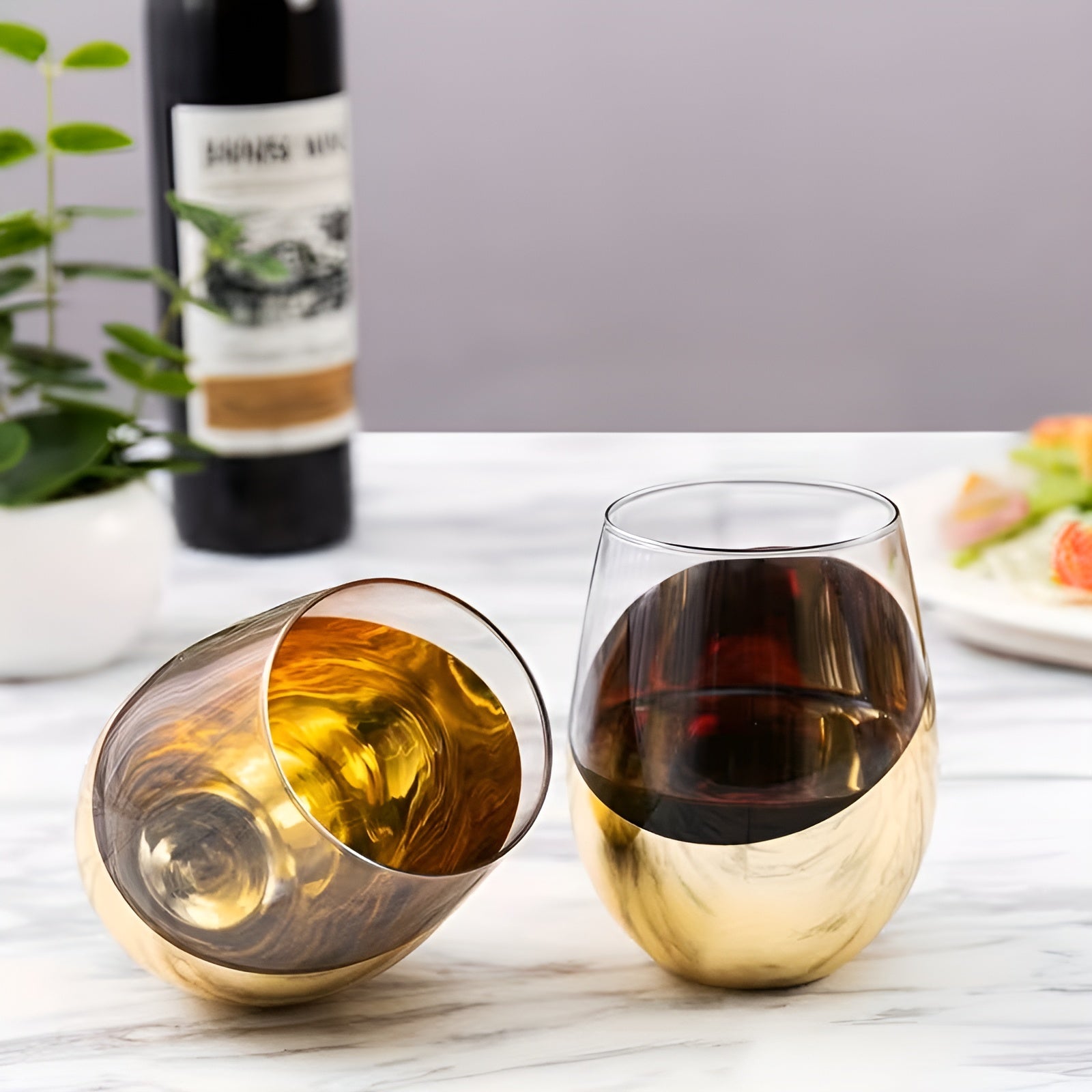 Stielloses Rotweinglas-Set – Geometrisches Design & Rutschfest | Wiederverwendbar und Elegant - Gold - Weinglas
