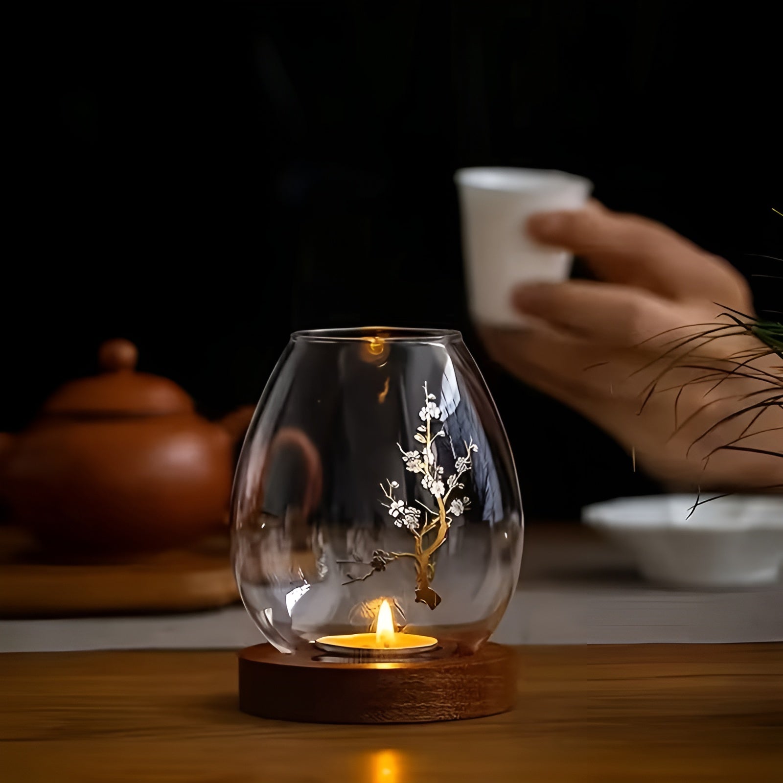 2er-Set Kerzenhalter aus Glas mit Holzsockel – Dekorativ im Retro-Zen-Stil | Perfekt für Wohnzimmer Tischdeko