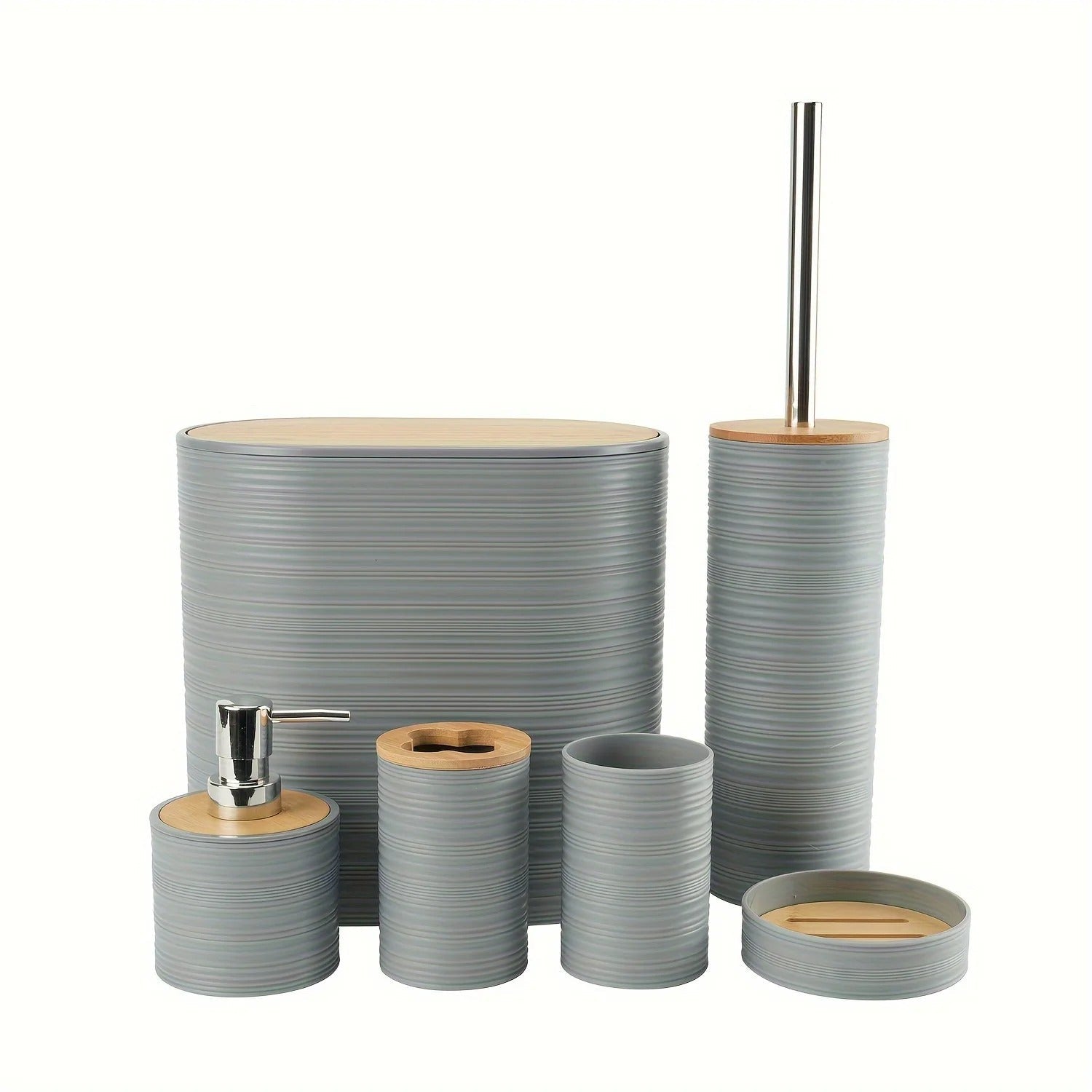 Badezimmer-Set 6-teilig – Praktisches Zubehör mit Seifenspender & Zahnputzbecher | Perfekt für Bad & Gäste-W - Grau