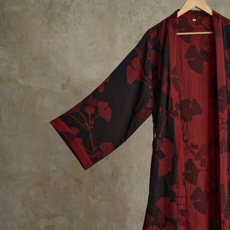 Baumwoll-Kimono-Bademantel mit Ginkgo-Print - Bademäntel und Loungewear