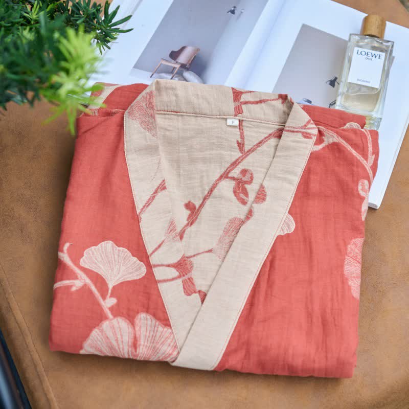 Baumwoll-Kimono-Bademantel mit Ginkgo-Print - Bademäntel und Loungewear