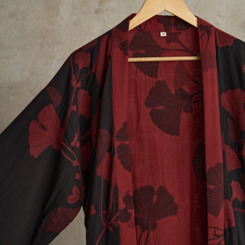 Baumwoll-Kimono-Bademantel mit Ginkgo-Print - Bademäntel und Loungewear