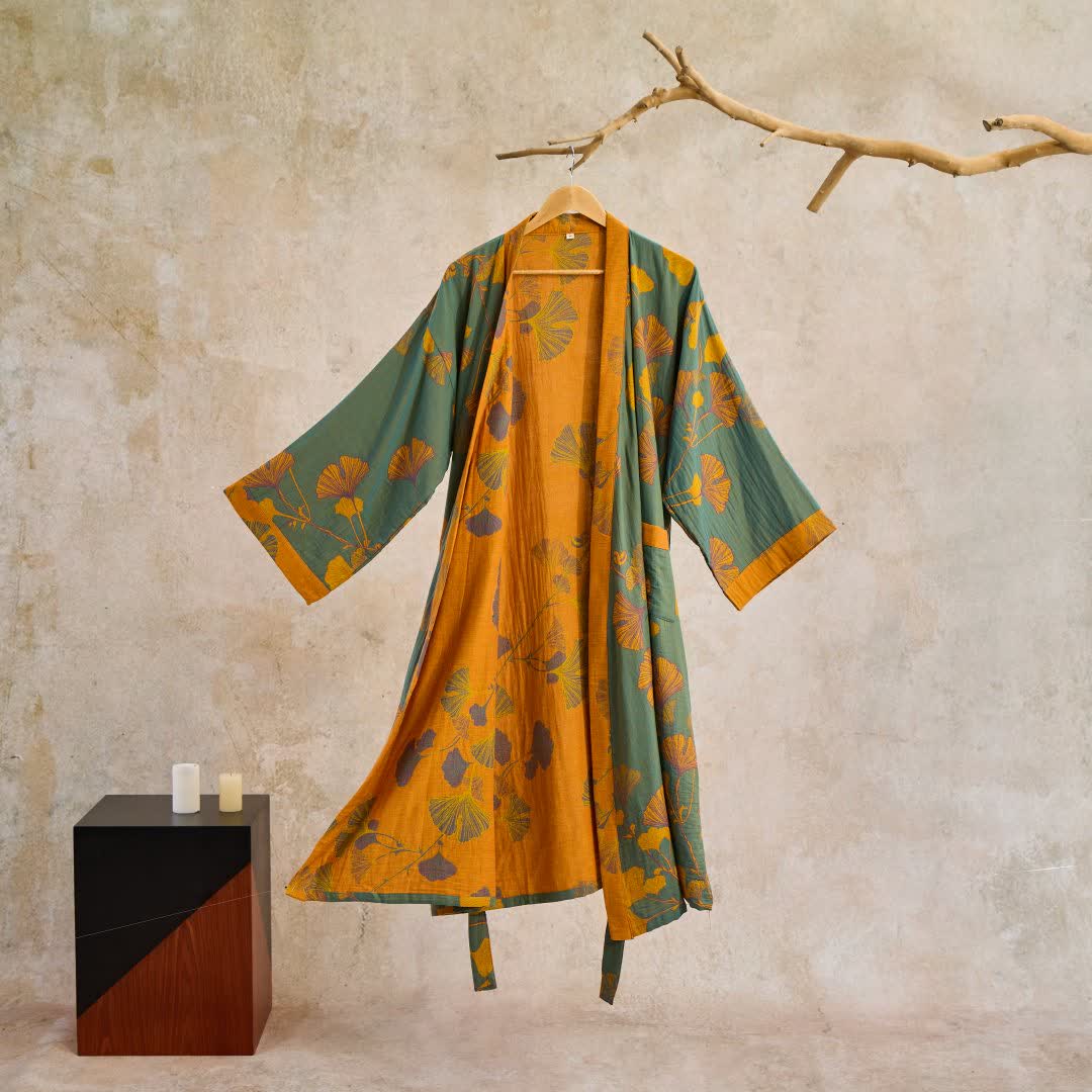 Baumwoll-Kimono-Bademantel mit Ginkgo-Print - Grün & Gelb / M - Bademäntel und Loungewear