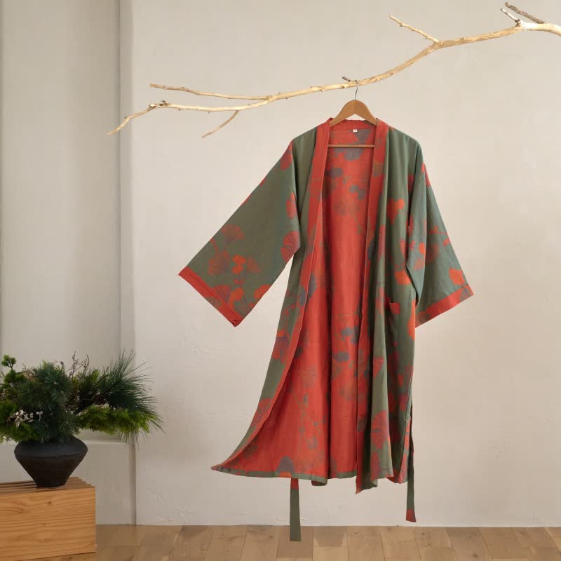 Baumwoll-Kimono-Bademantel mit Ginkgo-Print - Grün & Orange / M - Bademäntel und Loungewear